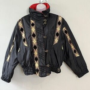 Vintage Bogner‎ Ski Jacket Western Boho Apres-Ski Black Gold 80s Maximalist Sz 8